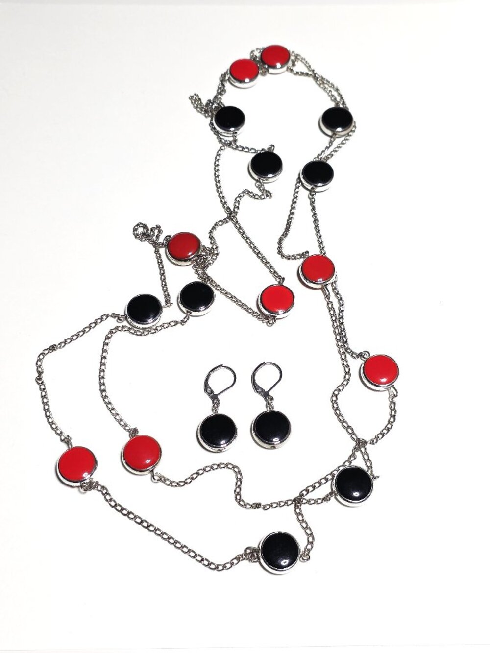 Red & black matching long necklace + earrings
